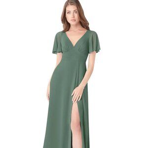 Azazie Kimber Eucalyptus A Line Sleeve Chiffon Dress A4 NEW NWT Bridesmaid Sz 4
